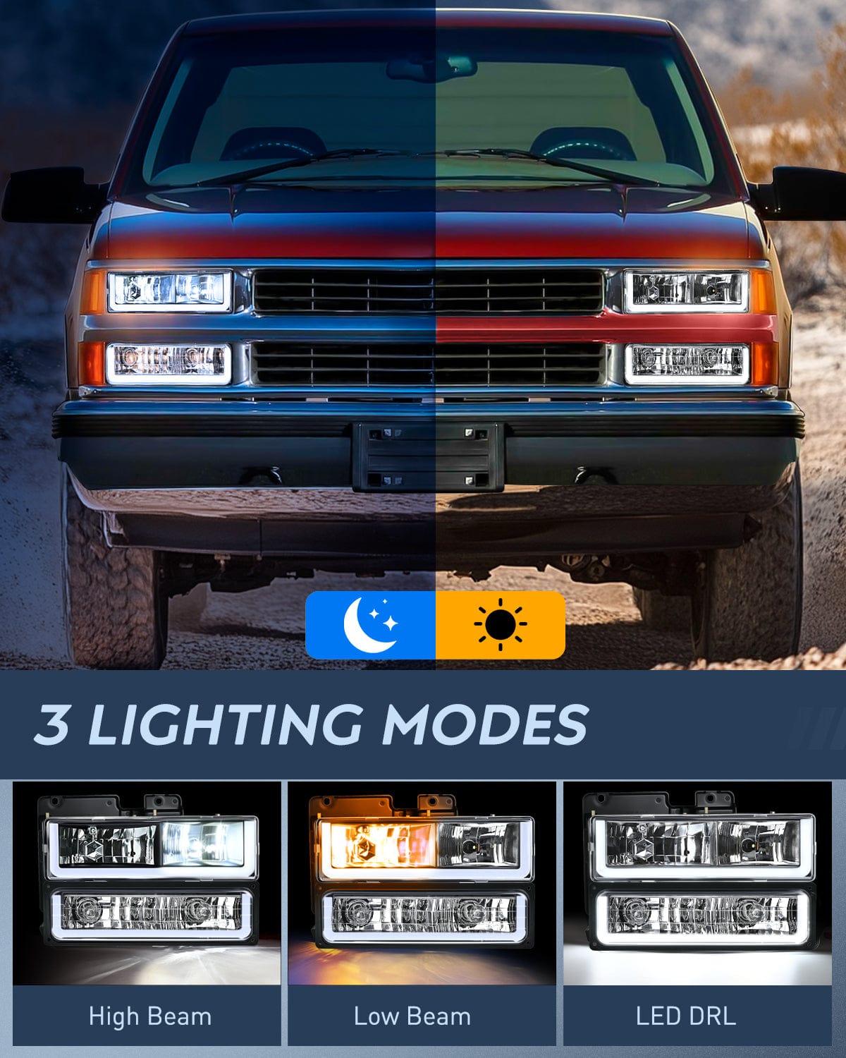 Headlight Assembly 1988 1989 1990 1991 1992 1993 1994 1995 1996 1997 Chevrolet GMC C10 C/K 1988-1999 Silverado Suburban Sierra Blazer Tahoe Yukon DRL Headlight Assembly Chrome Case