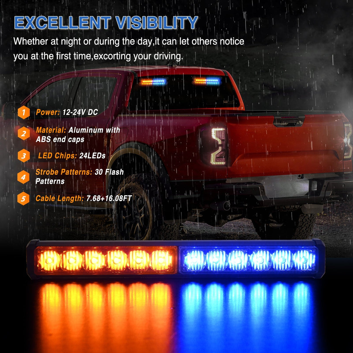 Led Strobe Light 24LED Emergency Strobe Traffic Advisor Light Bar 2 in 1 Amber Blue Dash Warning Safety Flashing Lights Front/Rear Windshield Construction Lights for Trucks Cars Plow Police Vehicles