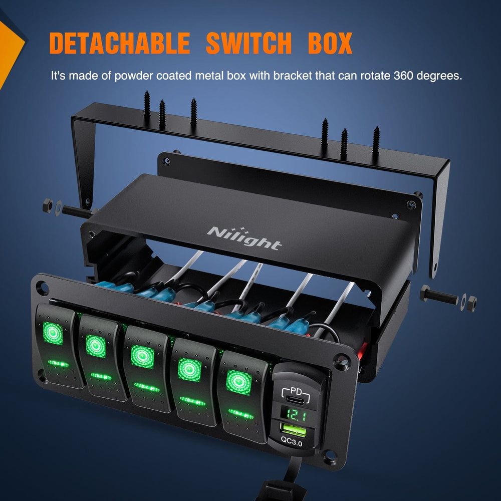 Rocker Switch 5Gang Aluminum ON/Off Rocker Switch Box w/ QC 3.0 Dual USB Charger Voltmeter