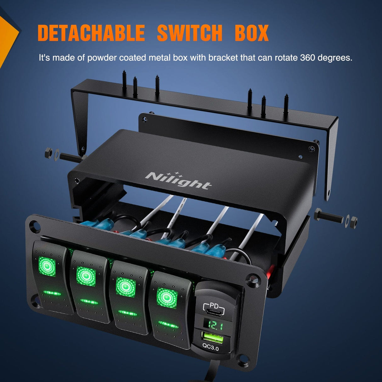 Rocker Switch 4Gang Aluminum ON/Off Rocker Switch Box w/ QC 3.0 Dual USB Charger Voltmeter with Green Backlit