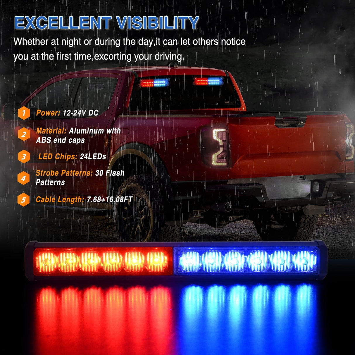Led Strobe Light 24LED Emergency Strobe Traffic Advisor Light Bar 2 in 1 Red Blue Dash Warning Safety Flashing Lights Front/Rear Windshield Construction Lights for Trucks Cars Plow Police Firefighter Vehicles