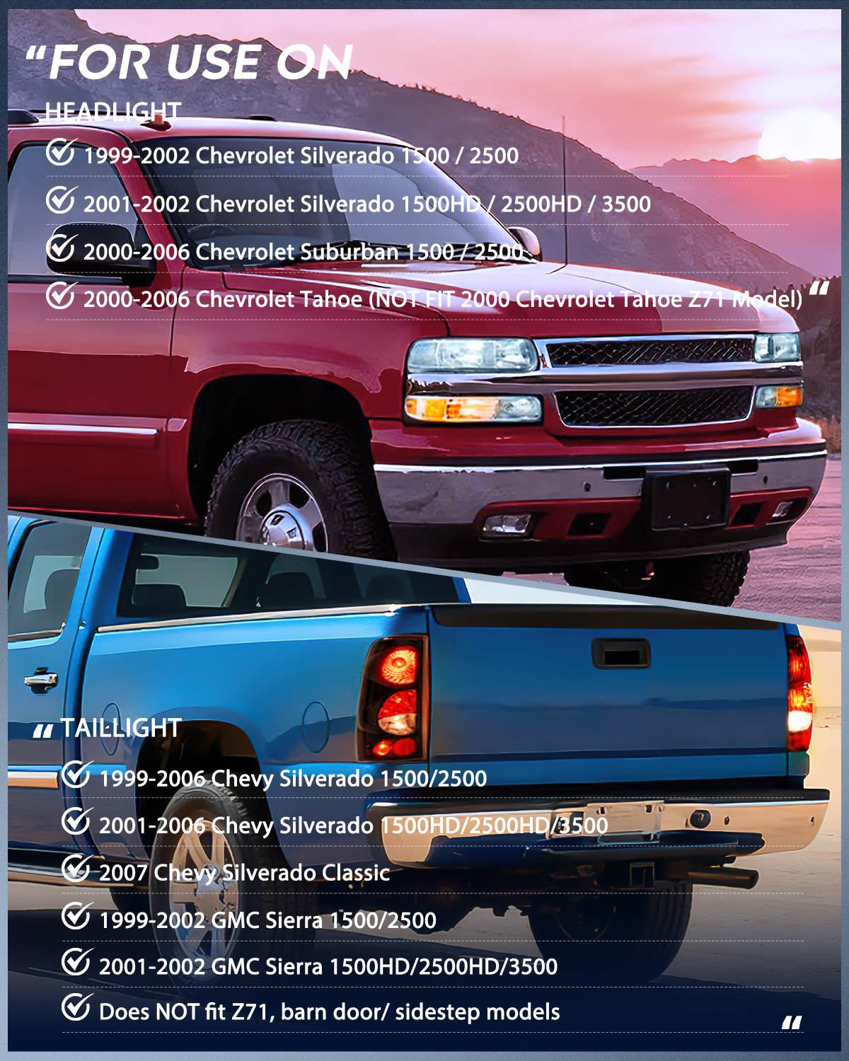 Headlight and Taillight Assembly Combo Compatible with 1999 2000 2001 2002 Chevy Silverado 1500 2500 1500HD 2500HD 3500 OE Style Chrome Housing Clear Reflector Smoke