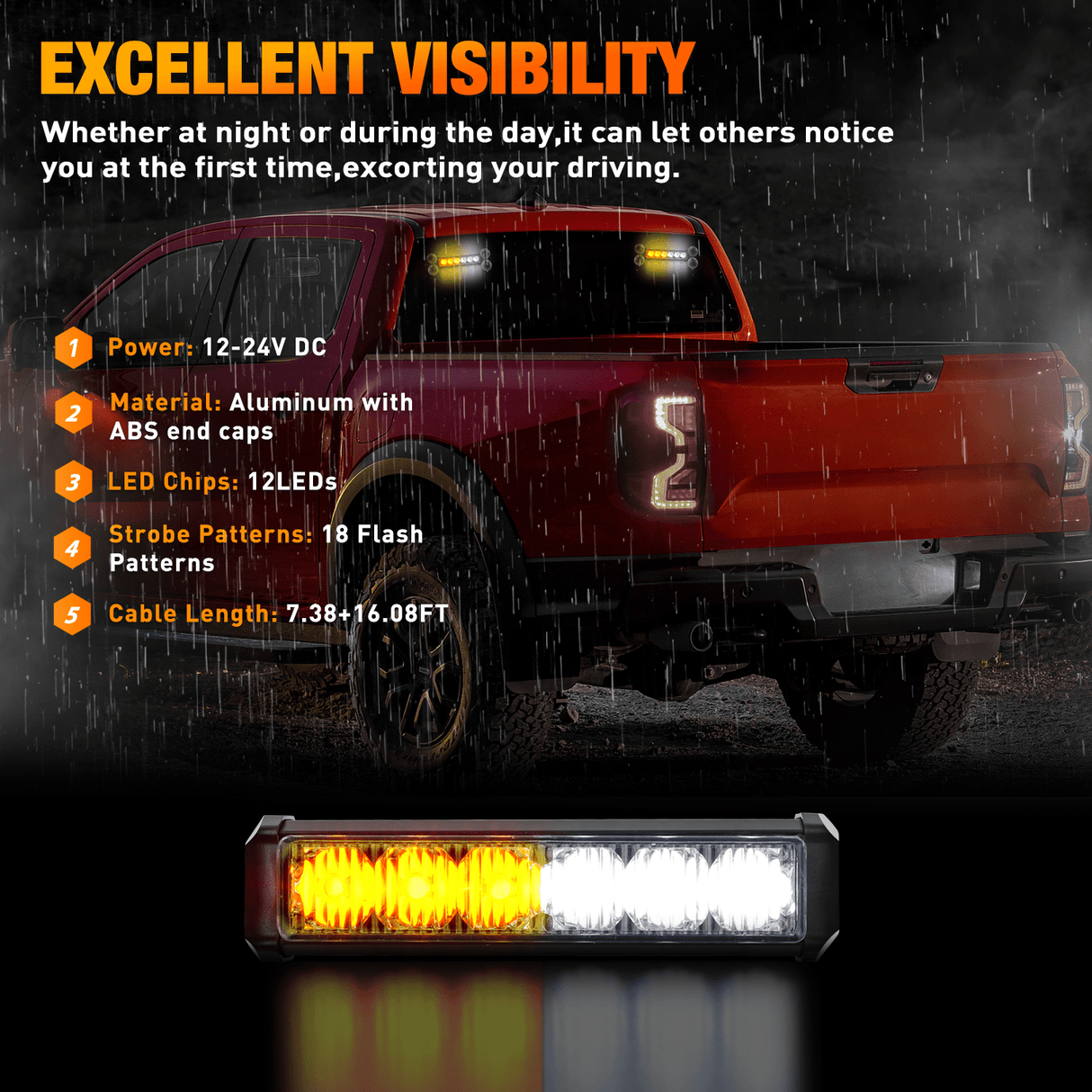 Led Strobe Light 12LED Emergency Strobe Traffic Advisor Light Bar 2 in 1 Amber White Dash Warning Safety Flashing Lights Front/Rear Windshield Construction Lights for Trucks Cars Plow Police Vehicles
