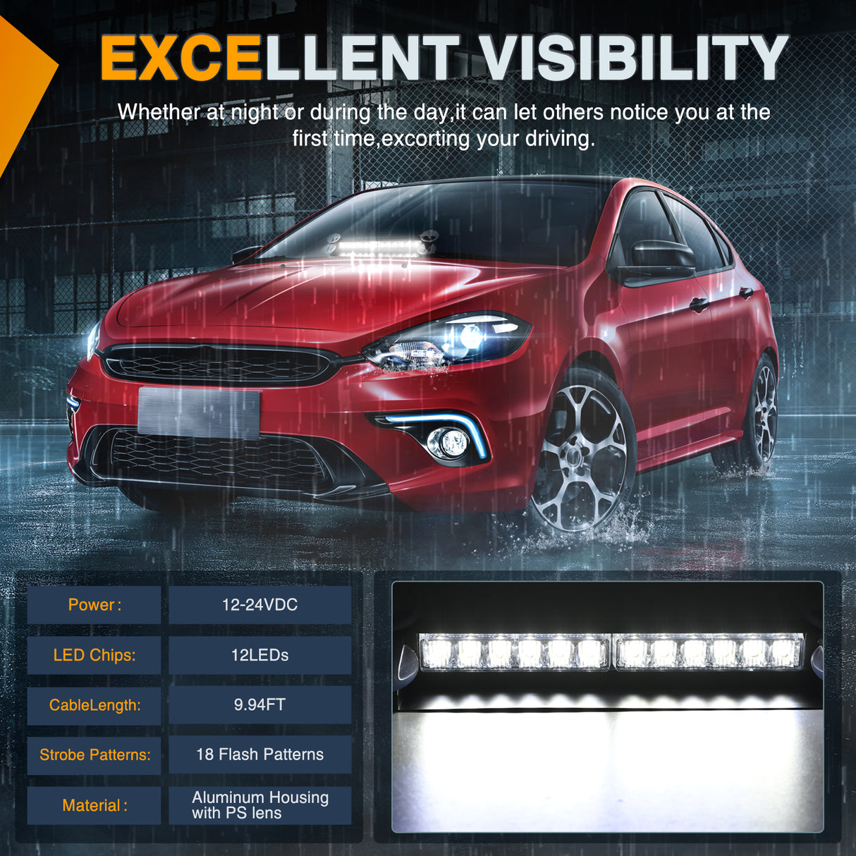 Nilight 12LED Traffic Advisor Strobe Light Bar White Emergency Warning Hazard Safety Dash Front/Rear Windshield Flashing Lights for Cars Trucks Police Firefighter Plow Construction Vehicles