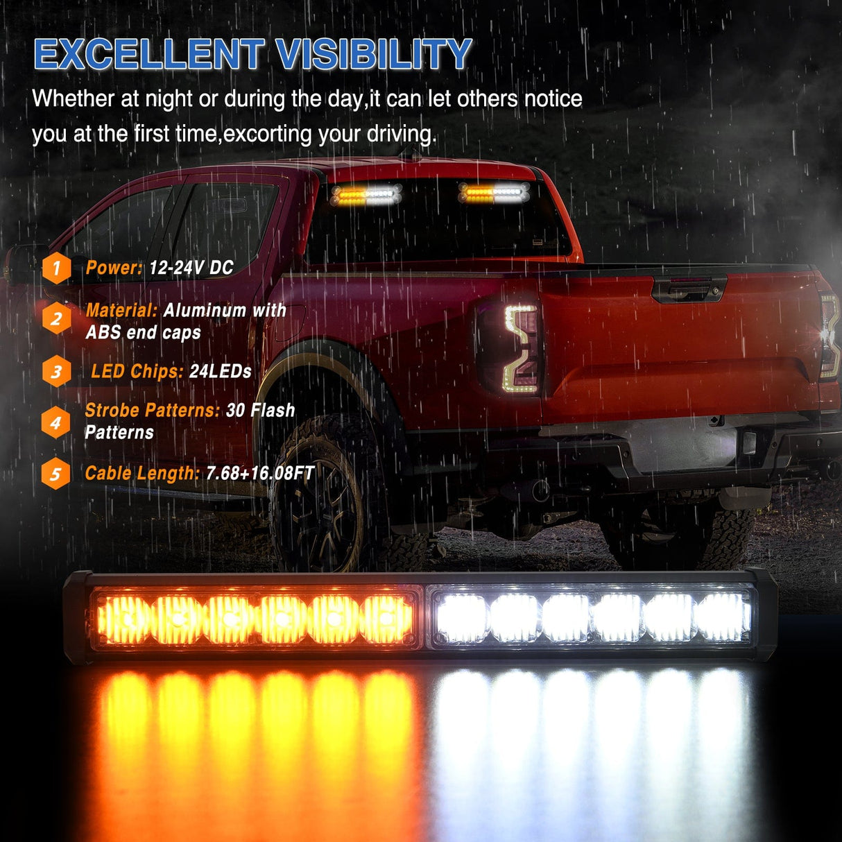 Led Strobe Light 24LED Emergency Strobe Traffic Advisor Light Bar 2 in 1 Amber White Dash Warning Safety Flashing Lights Front/Rear Windshield Construction Lights for Trucks Cars Plow Police Vehicles