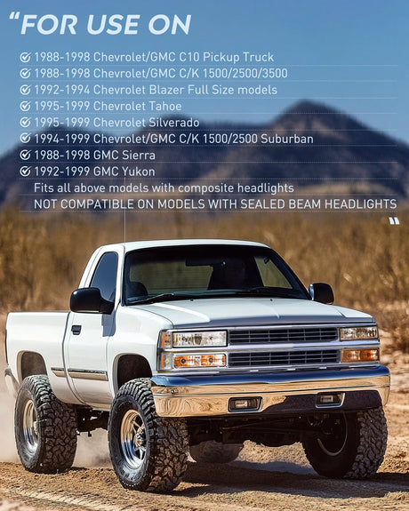 Headlight Assembly 1988 1989 1990 1991 1992 1993 1994 1995 1996 1997 Chevrolet GMC C10 C/K 1988-1999 Silverado Suburban Sierra Blazer Tahoe Yukon Headlight Assembly Chrome Housing