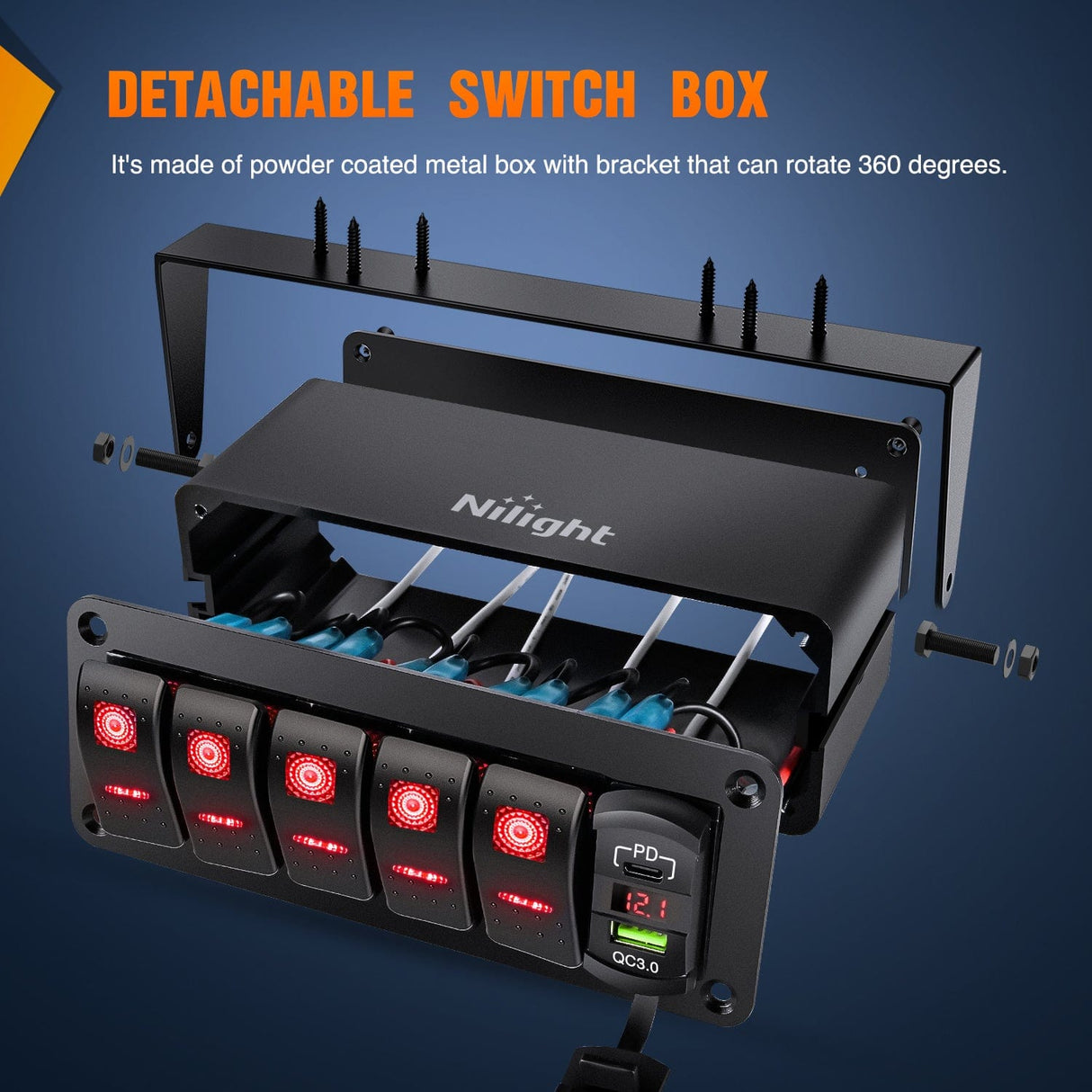 Rocker Switch 5Gang Aluminum ON/Off Rocker Switch Box w/ QC 3.0 Dual USB Charger Voltmeter with Red Backlit