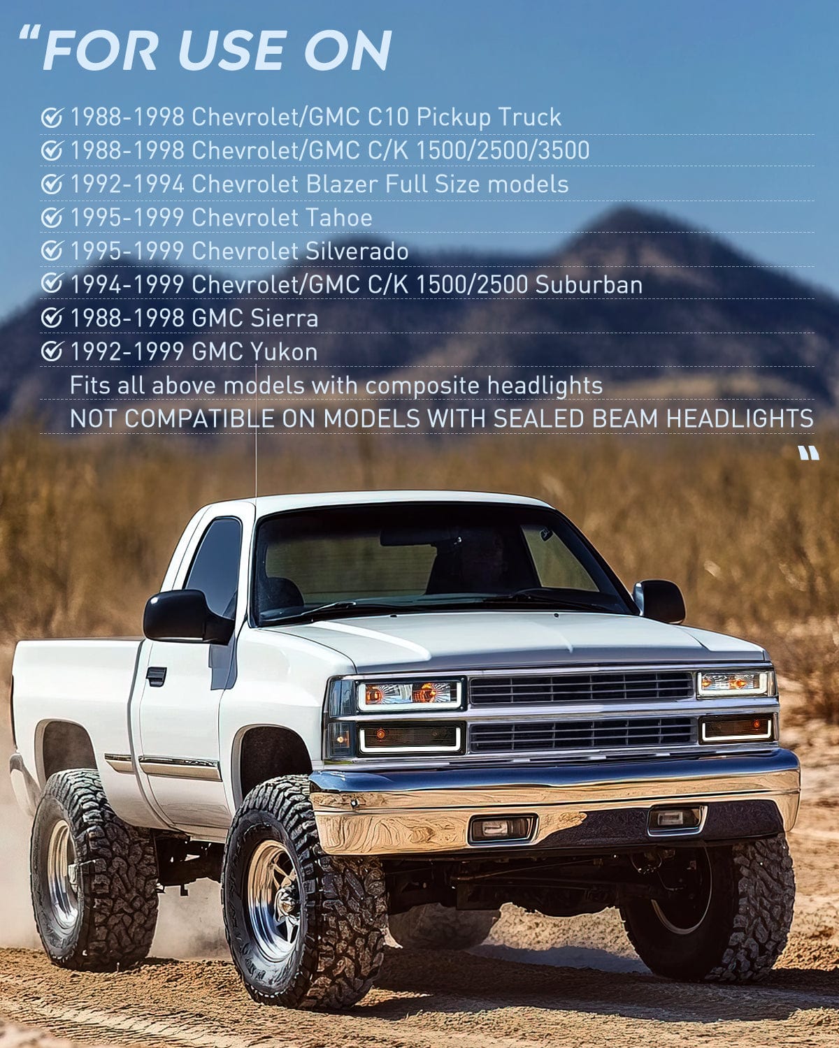 Headlight Assembly 1988 1989 1990 1991 1992 1993 1994 1995 1996 1997 Chevrolet GMC C10 C/K 1988-1999 Silverado Suburban Sierra Blazer Tahoe Yukon DRL Headlight Assembly Black Housing