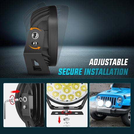 LED Light Bar 9Inch 140W Round Offroad Light with Yellow Black Covers Hyper Spot Beam Work Light (Pair) | 12 AWG DT Connector Wiring Harness Kit