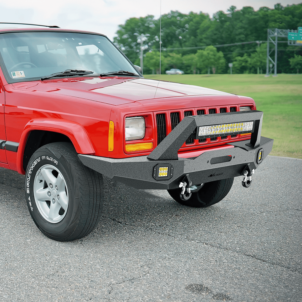 Front Bumper 1984 1985 1986 1987 1988 1989 1990 1991 1992 1993 1994 1995 1996 1997 1998 1999 2000 2001 Jeep Cherokee XJ Front Bumper Winch Plate 120W Light Bar 18W Light Pods