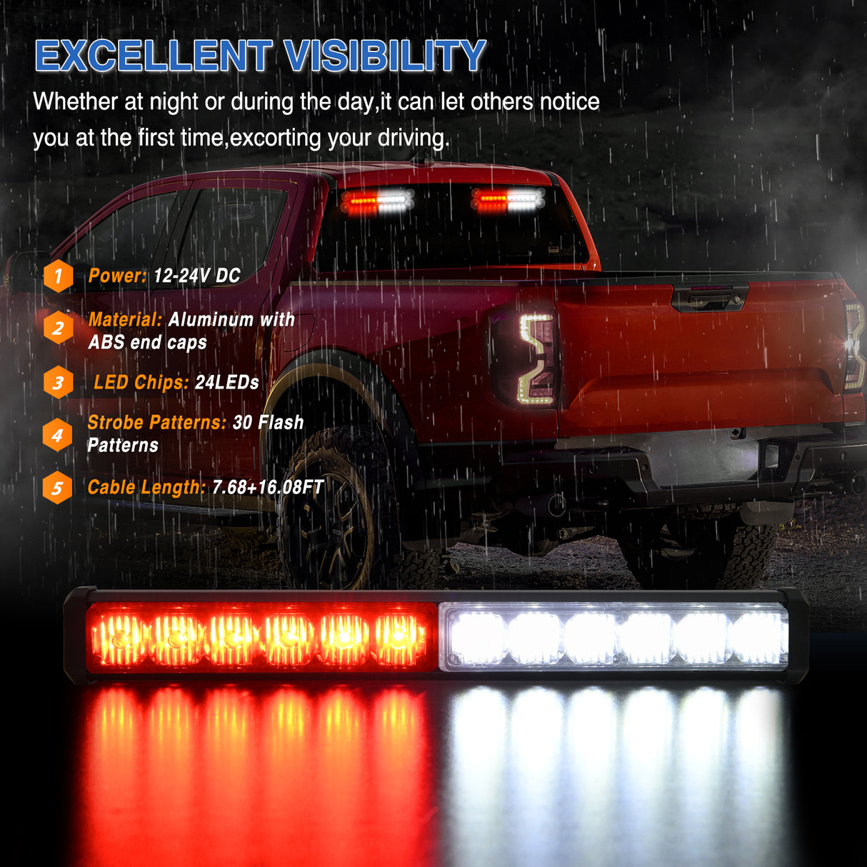 24LED Emergency Strobe Traffic Advisor Light Bar 2 in 1 Red White Dash Warning Safety Flashing Lights Front/Rear Windshield Construction Lights for Trucks Cars Plow Police Firefighter Vehicles