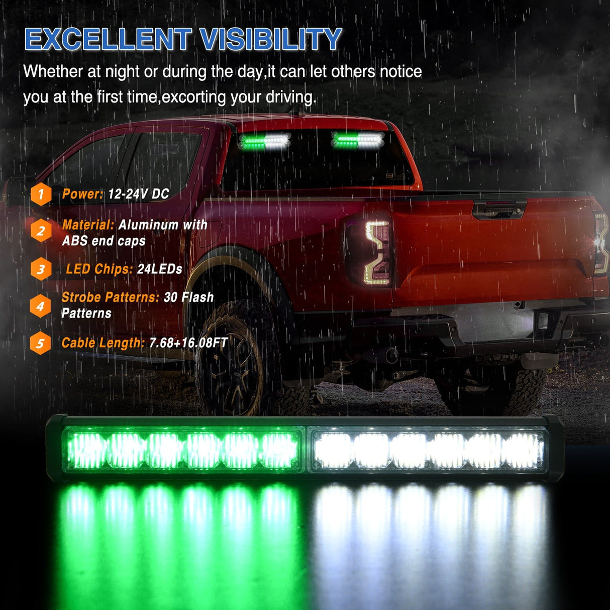 Led Strobe Light 24LED Emergency Strobe Traffic Advisor Light Bar 2 in 1 Green White Dash Warning Safety Flashing Lights Front/Rear Windshield Construction Lights for Trucks Cars Plow Police Vehicles