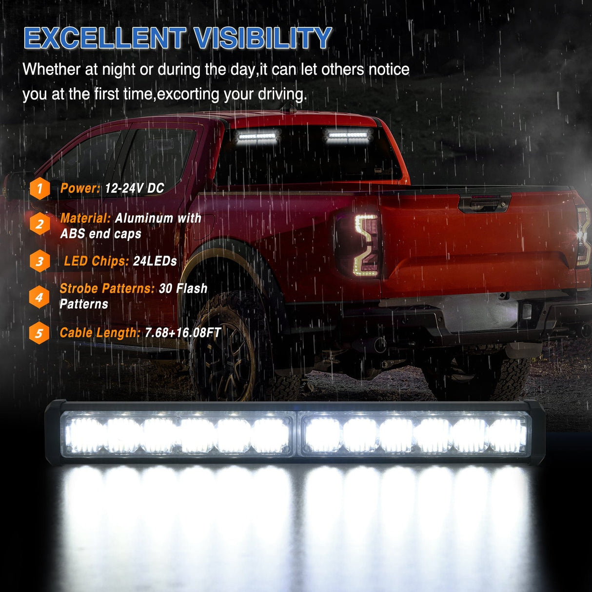 Led Strobe Light 24LED Emergency Strobe Traffic Advisor Light Bar 2 in 1 White Dash Warning Safety Flashing Lights Front/Rear Windshield Construction Lights for Trucks Cars Plow Police Firefighter Vehicles