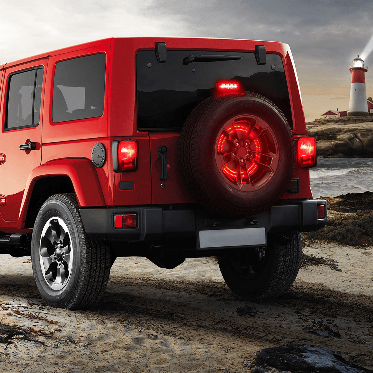 Tail Brake Turn Reverse Lights Spare Tire Brake Light Red Double Row LED Ring 3rd Third Stop Rear Wheel Lights Plug and Play Fit for 2007-2017 Jeep Wrangler JK JKU