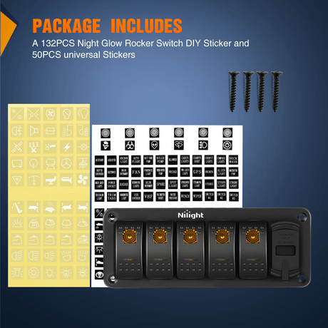 Rocker Switch 5 Gang Switch Panel With QC3.0 & PD Charger And Voltmerter with Orange Backlit