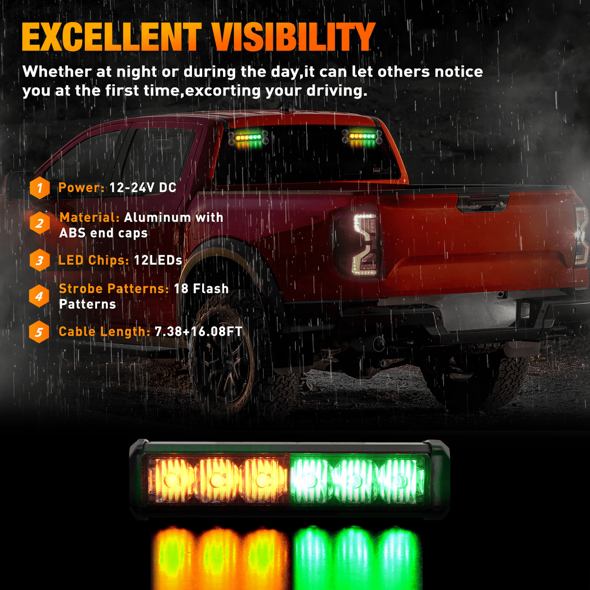 Led Strobe Light 12LED Emergency Strobe Traffic Advisor Light Bar 2 in 1 Amber Green Dash Warning Safety Flashing Lights Front/Rear Windshield Construction Lights for Trucks Cars Plow Police Vehicles