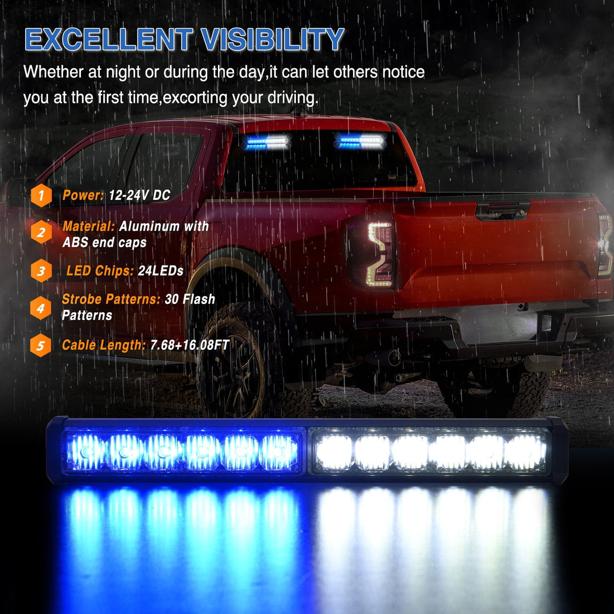 Led Strobe Light 24LED Emergency Strobe Traffic Advisor Light Bar 2 in 1 Blue White Dash Warning Safety Flashing Lights Front/Rear Windshield Construction Lights for Trucks Cars Plow Police Vehicles
