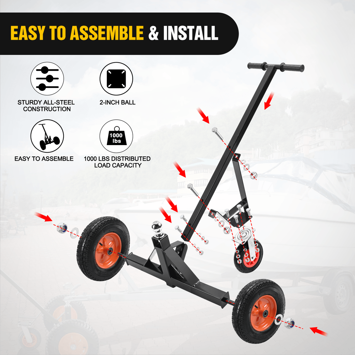 Trailer Dolly Trailer Dolly 1000LBS Tongue Weight Capacity With 19.25Inch-26Inch Height Adjustable, 2 Inch Ball, 16 Inch Tires For RV, Boat, Jet Ski, Car, Car Accessories