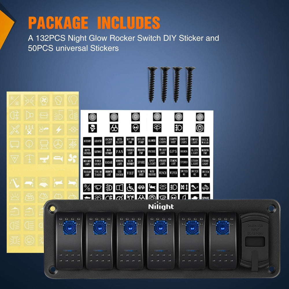 Rocker Switch 6 Gang Switch Panel With QC3.0 & PD Charger And Voltmerter with Blue Backlit