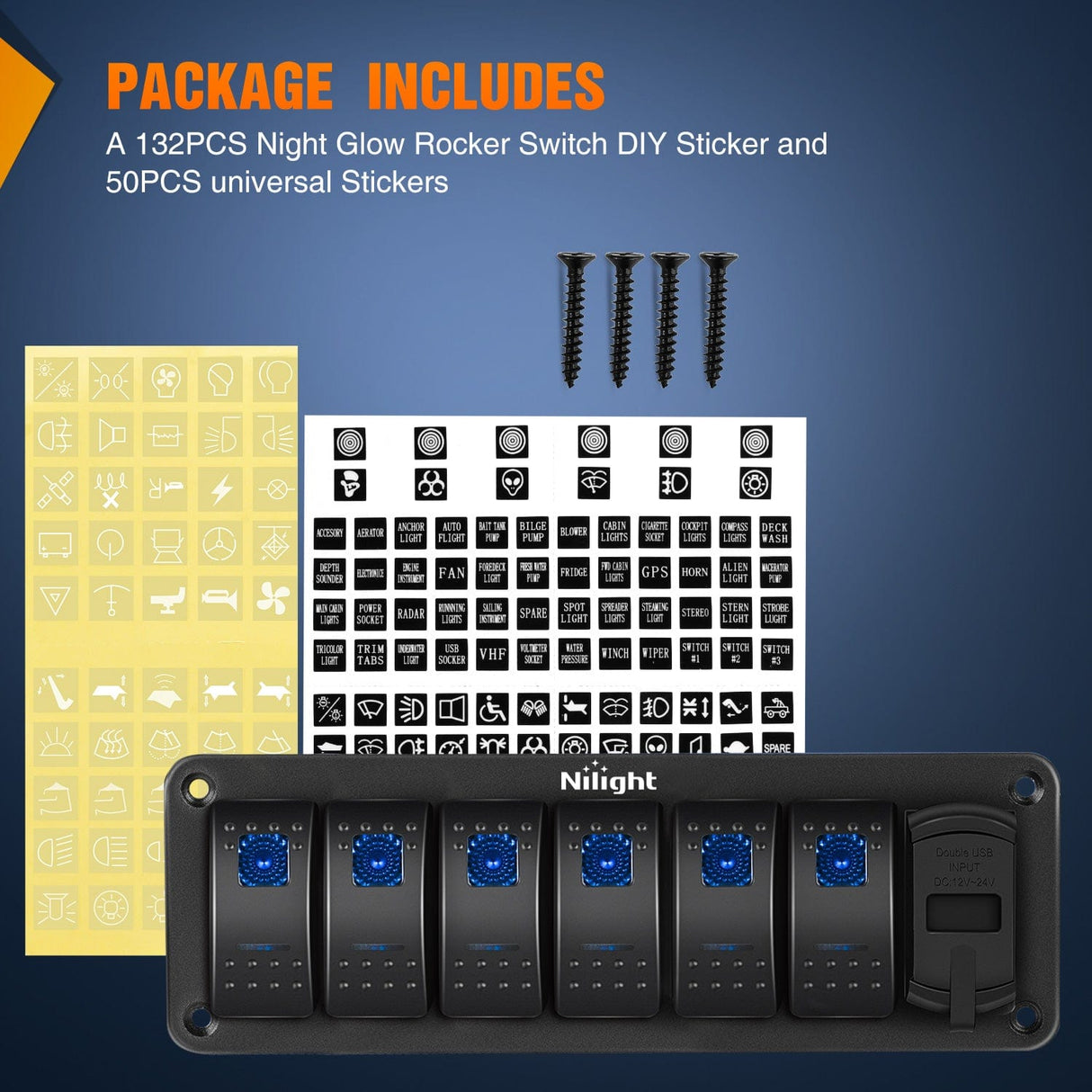 Rocker Switch 6 Gang Switch Panel With QC3.0 & PD Charger And Voltmerter with Blue Backlit