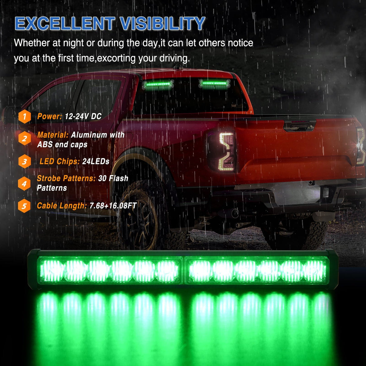 Led Strobe Light 24LED Emergency Strobe Traffic Advisor Light Bar 2 in 1 Green Dash Warning Safety Flashing Lights Front/Rear Windshield Construction Lights for Trucks Cars Plow Police Firefighter Vehicles