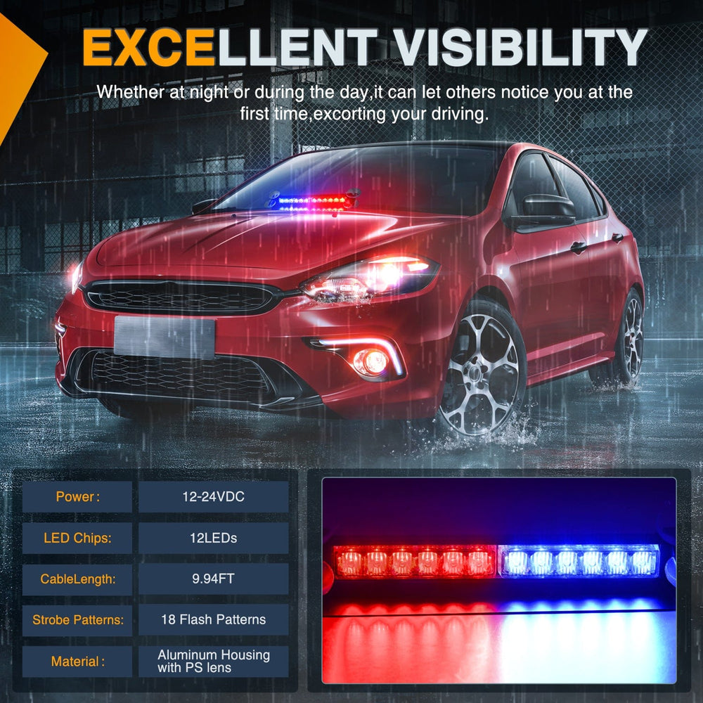 Led strobe light 12LED Traffic Advisor Strobe Light Bar Red Blue Emergency Warning Hazard Safety Dash Front/Rear Windshield Flashing Lights for Cars Trucks Police Firefighter Plow Construction Vehicles