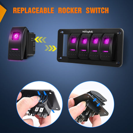 Rocker Switch 5Gang Aluminum 5Pin ON/Off Rocker Switch Panel Purple