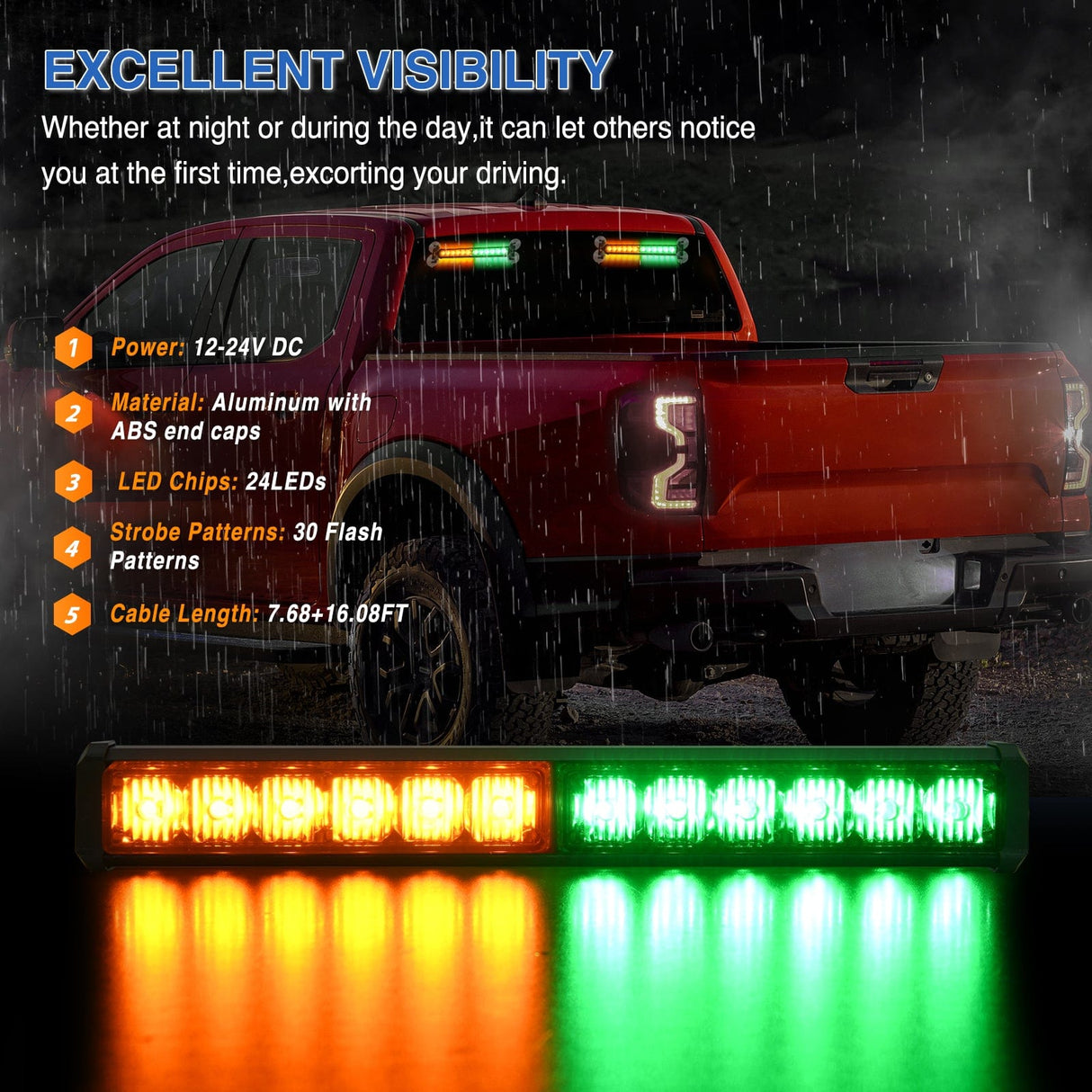 Led Strobe Light 24LED Emergency Strobe Traffic Advisor Light Bar 2 in 1 Amber Green Dash Warning Safety Flashing Lights Front/Rear Windshield Construction Lights for Trucks Cars Plow Police Vehicles