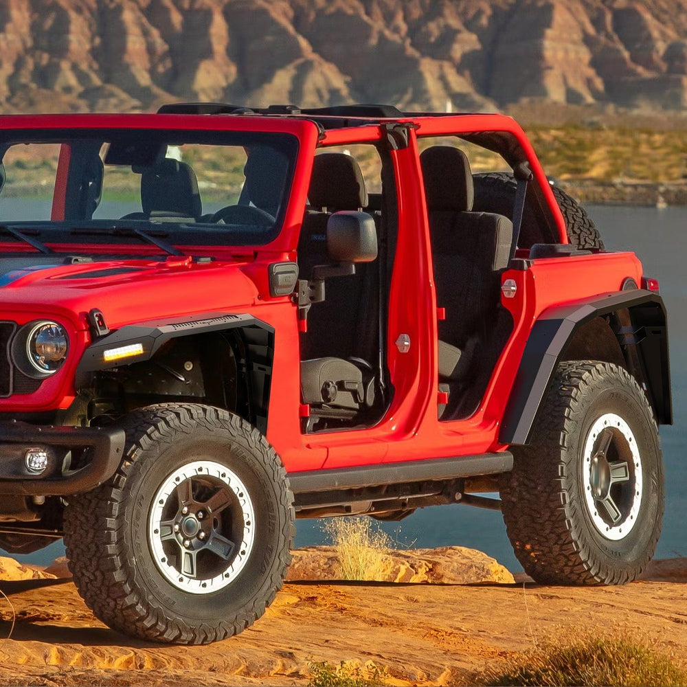 Fender 2018 2019 2020 2021 2022 2023 2024 2025 Jeep Wrangler JL&JL Unlimited 2/4Doors Wide Flat Front & Rear Fender Flares w/LED Lights Turn Signal Lights DRL (No fit 2020+ Gladiator JT)