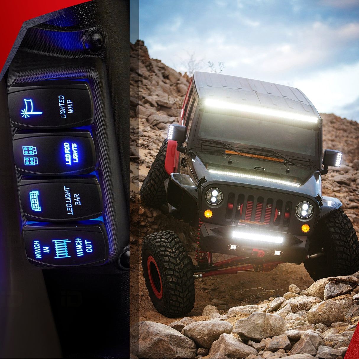 16AWG LED POD Lights Wiring Harness Kit 12V On Off 5Pin Rocker Switch Laser Waterproof Toggle Power Relay Blade Fuse for Cars Jeep Boat ATV Trucks - 4 Leads Bule