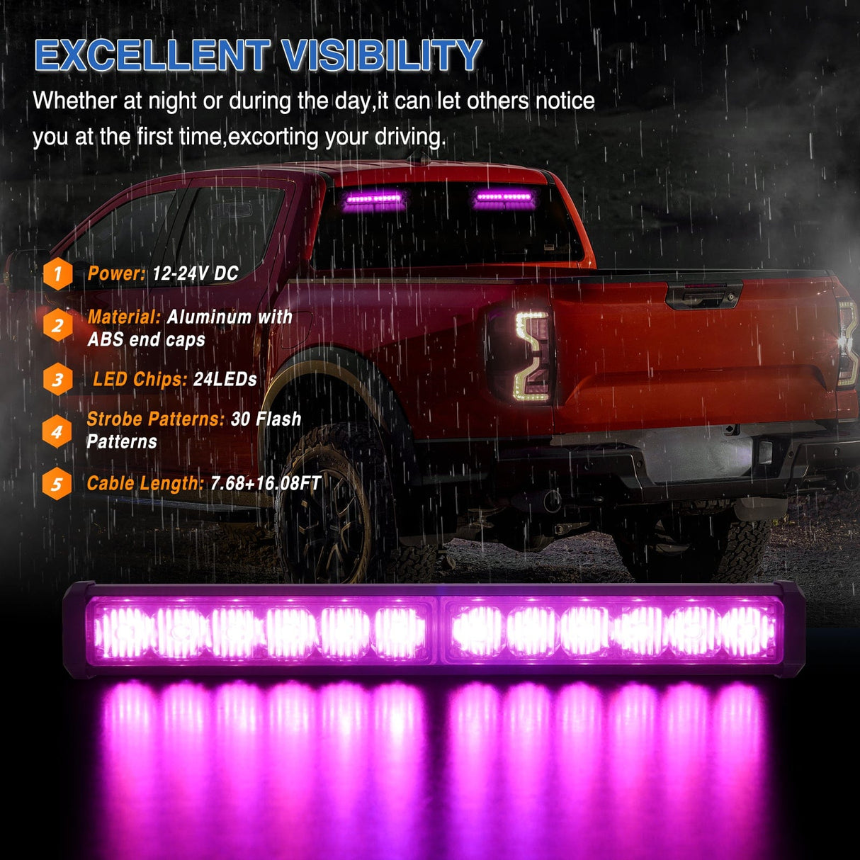 Led Strobe Light 24LED Emergency Strobe Traffic Advisor Light Bar 2 in 1 Purple Dash Warning Safety Flashing Lights Front/Rear Windshield Construction Lights for Trucks Cars Plow Police Firefighter Vehicles