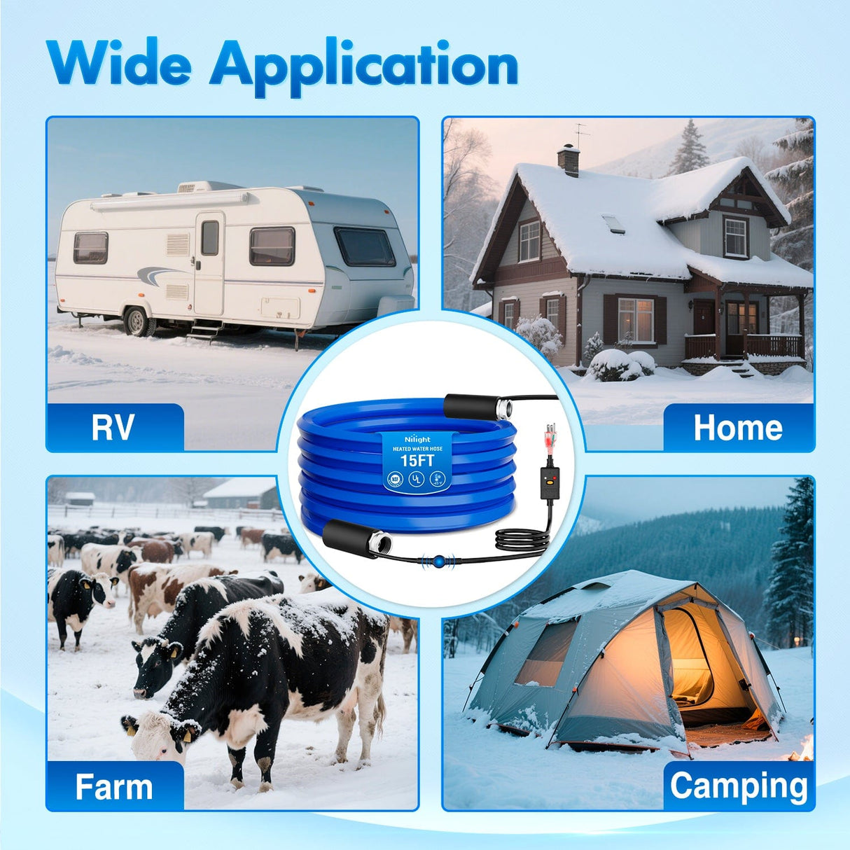 RV Parts 15FT Heated Water Hose RV 5/8inch Inside Diameter -45°F Freeze Protaction Antifreeze Garden Drinking Hoses with Saving Thermostat and Smart Heat System for Winter Camper Supply Accessories