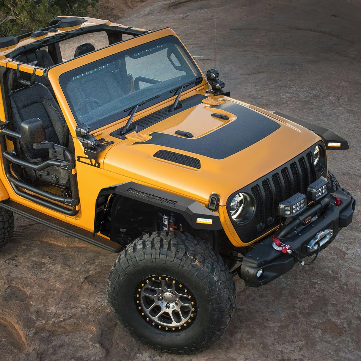 Fender 2018 2019 2020 2021 2022 2023 2024 2025 Jeep Wrangler JL & JLU Unlimited 2/4Doors (No fit 2020+ Gladiator JT) Wide Flat Front Fender Flares w/LED Lights Turn Signal Lights DRL