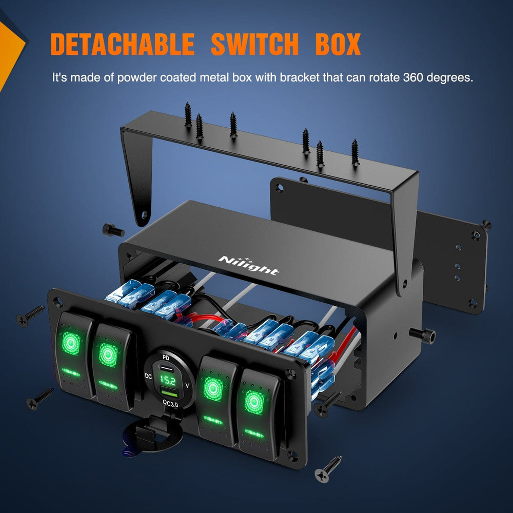 Rocker Switch 4Gang Aluminum ON/Off Rocker Switch Box w/ QC 3.0 Dual USB Charger Voltmeter