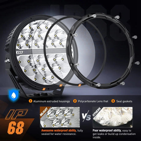 LED Work Light 9 Inch 140W 15560LM Round Spot Flood Built-in EMC DRL LED Work Lights (Pair) | 12AWG DT Wire