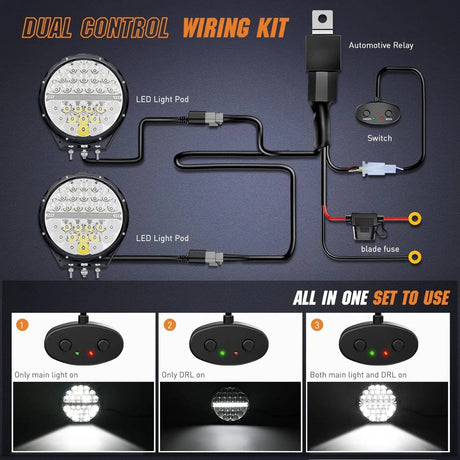 LED Work Light 9 Inch 140W 15560LM Round Spot Flood Built-in EMC DRL LED Work Lights (Pair) | 12AWG DT Wire