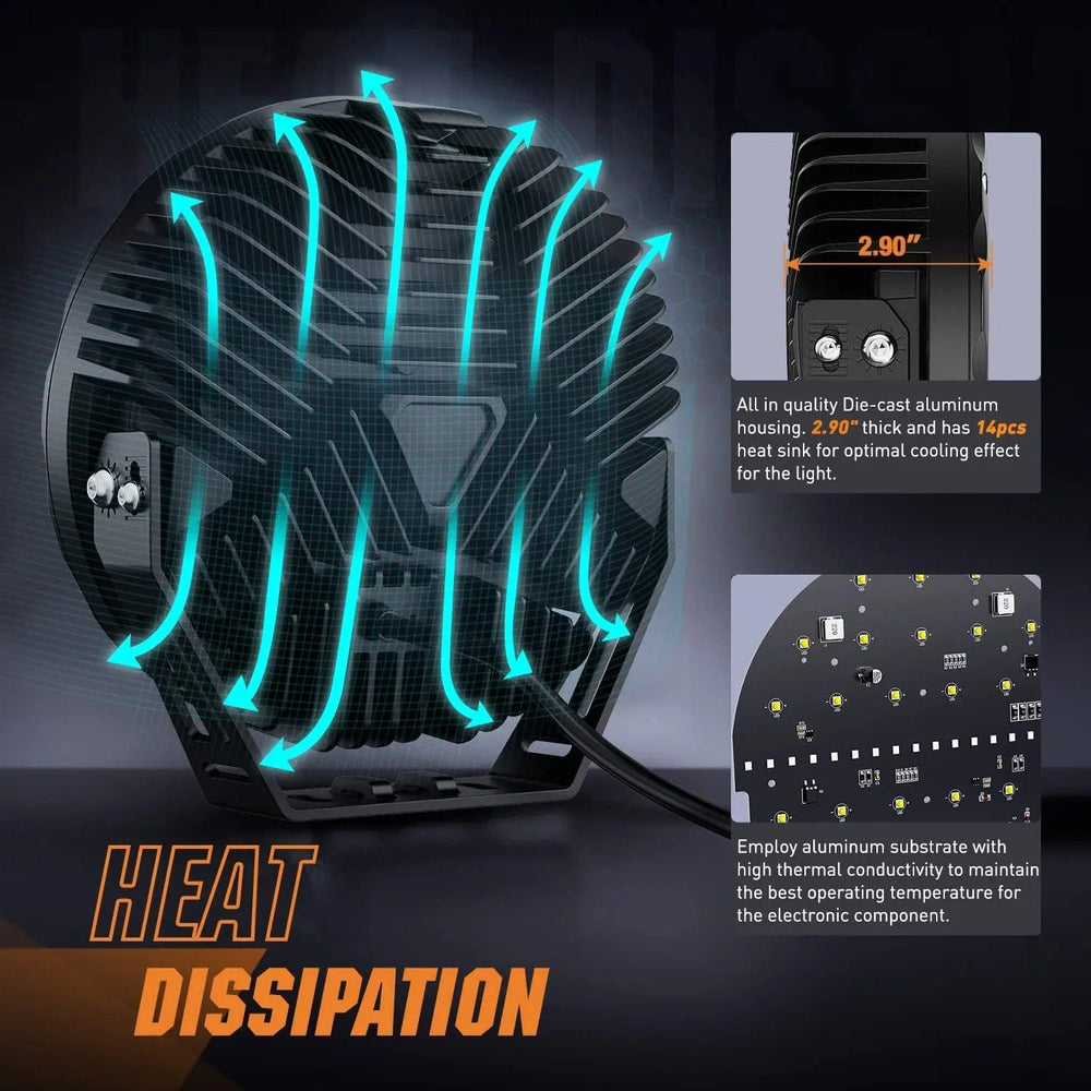 LED Work Light 9 Inch 140W 15560LM Round Spot Flood Built-in EMC DRL LED Work Lights (Pair) | 12AWG DT Wire