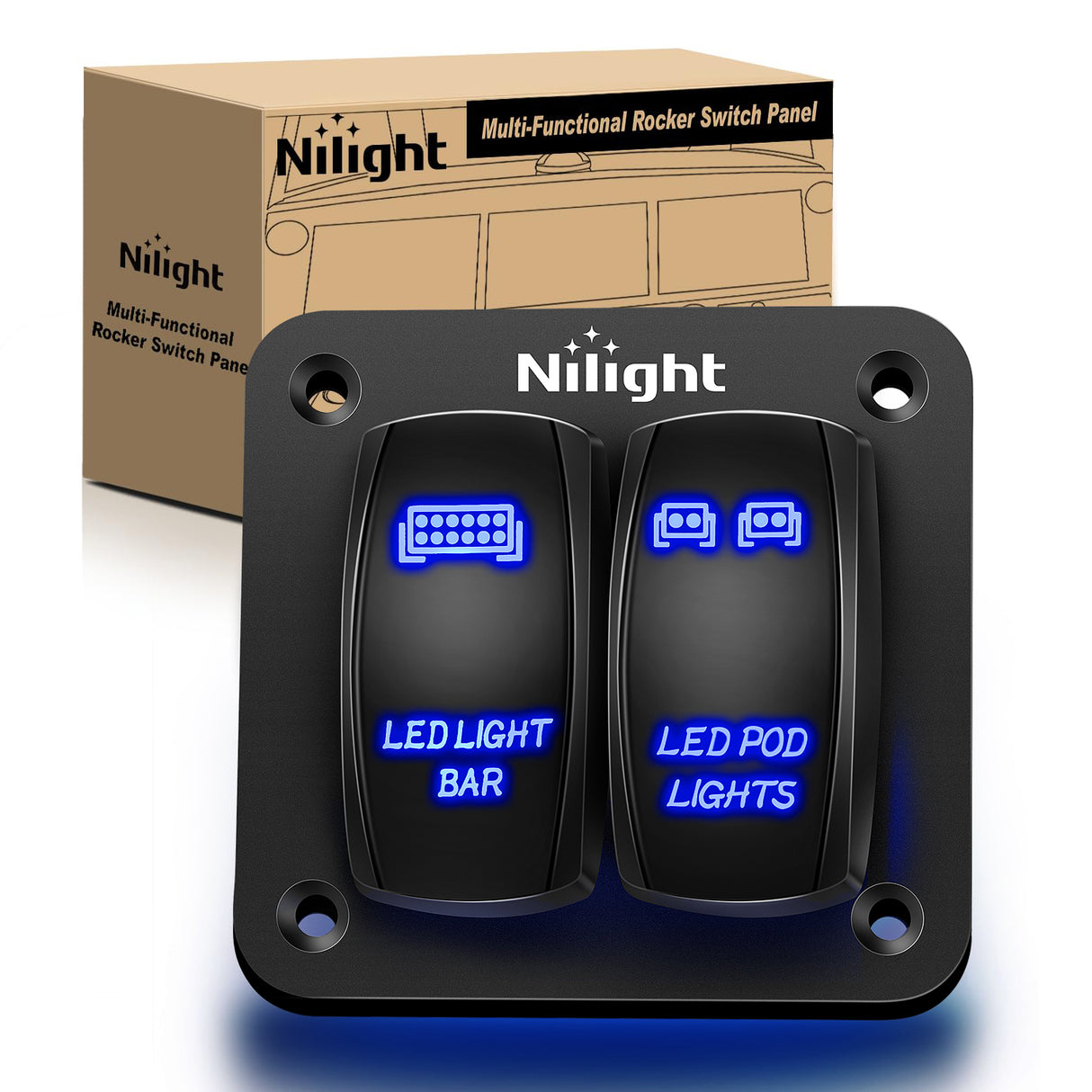 Nilight 90423B 2Gang Aluminum Laser LED Light Bar Rocker 12/24V 5Pin ON/Off Pre-Wired LED POD Lights Toggle Switch Panel with Blue LED for Marine Boat Car ATV UTV