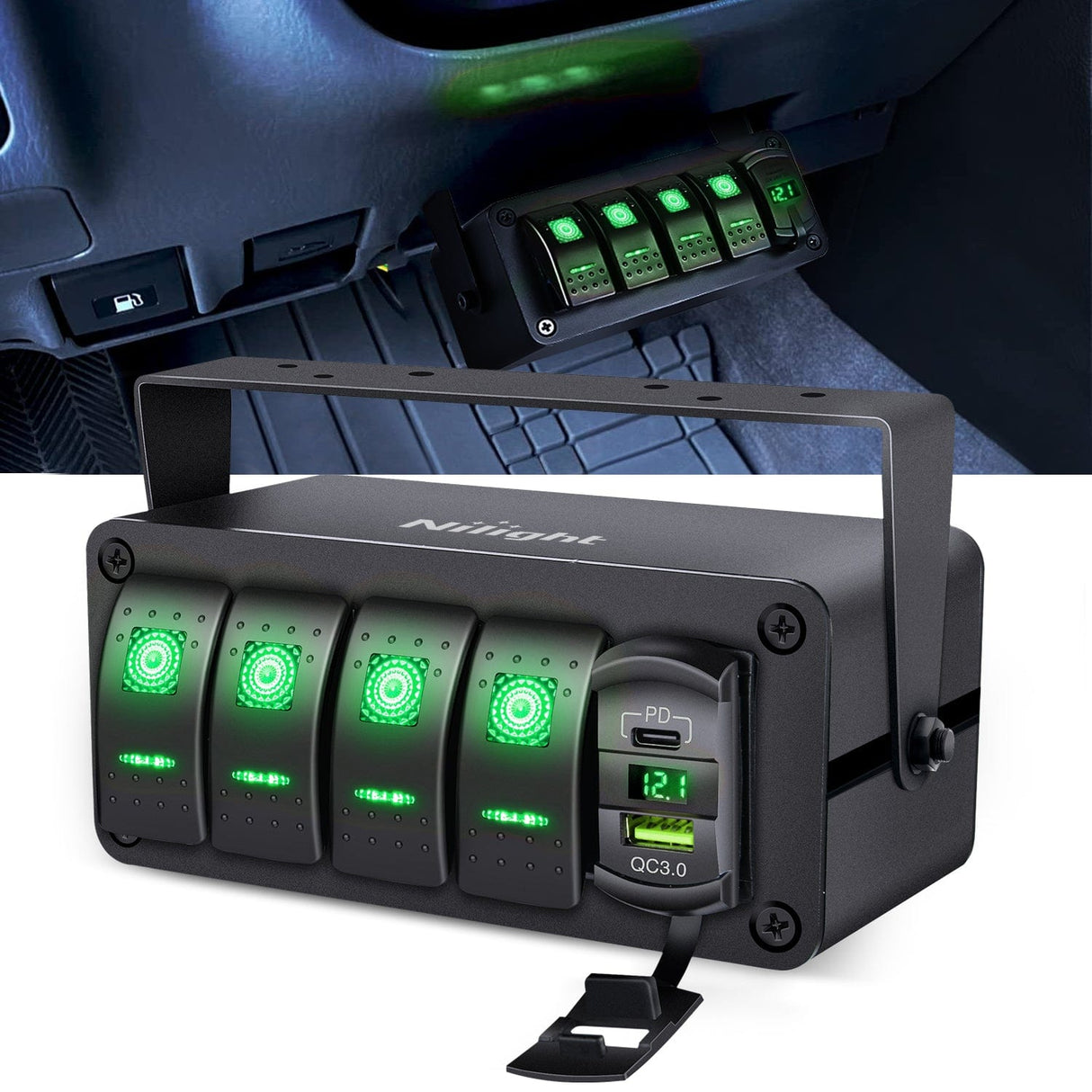 Rocker Switch 4Gang Aluminum ON/Off Rocker Switch Box w/ QC 3.0 Dual USB Charger Voltmeter with Green Backlit