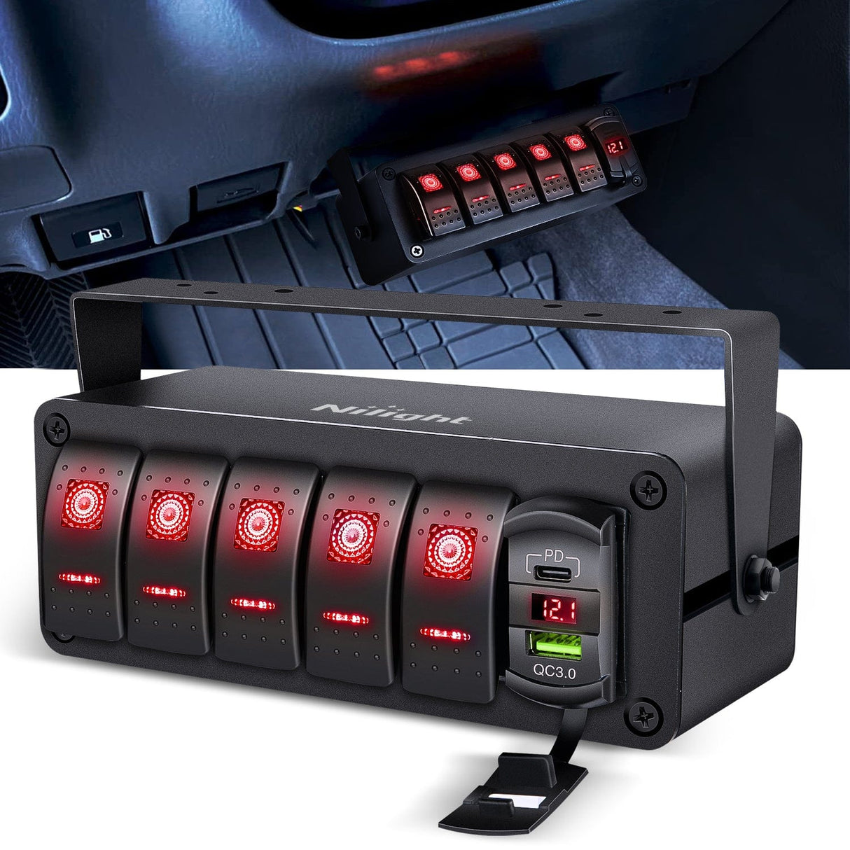 Rocker Switch 5Gang Aluminum ON/Off Rocker Switch Box w/ QC 3.0 Dual USB Charger Voltmeter with Red Backlit