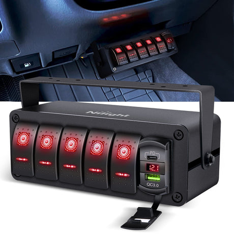 5Gang Aluminum ON/Off Rocker Switch Box w/ QC 3.0 Dual USB Charger Voltmeter with Red Backlit Nilight