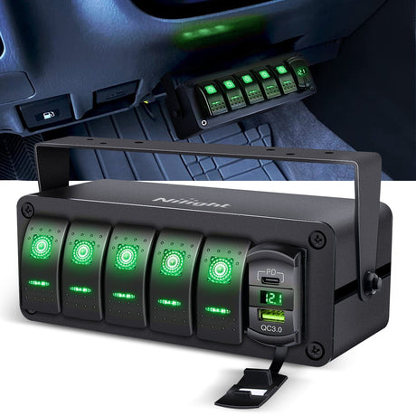 5Gang Aluminum ON/Off Rocker Switch Box w/ QC 3.0 Dual USB Charger Voltmeter Nilight