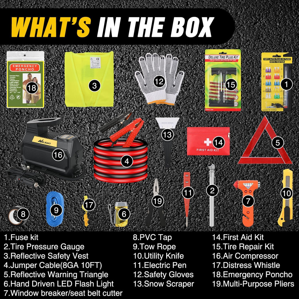 Car Emergency Kit with Jumper Cable Air Compressor Tire Repair Essential Tools First Aid Alligator Connector Electrical Kit for Travel Camping Outdoor Cars Truck SUV RV