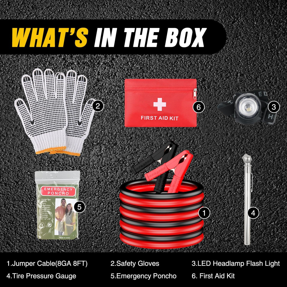 Car Emergency Kit with Jumper Cable Air Compressor Tire Repair Essential Tools First Aid Alligator Connector Electrical Kit for Travel Camping Outdoor Cars Truck SUV RV