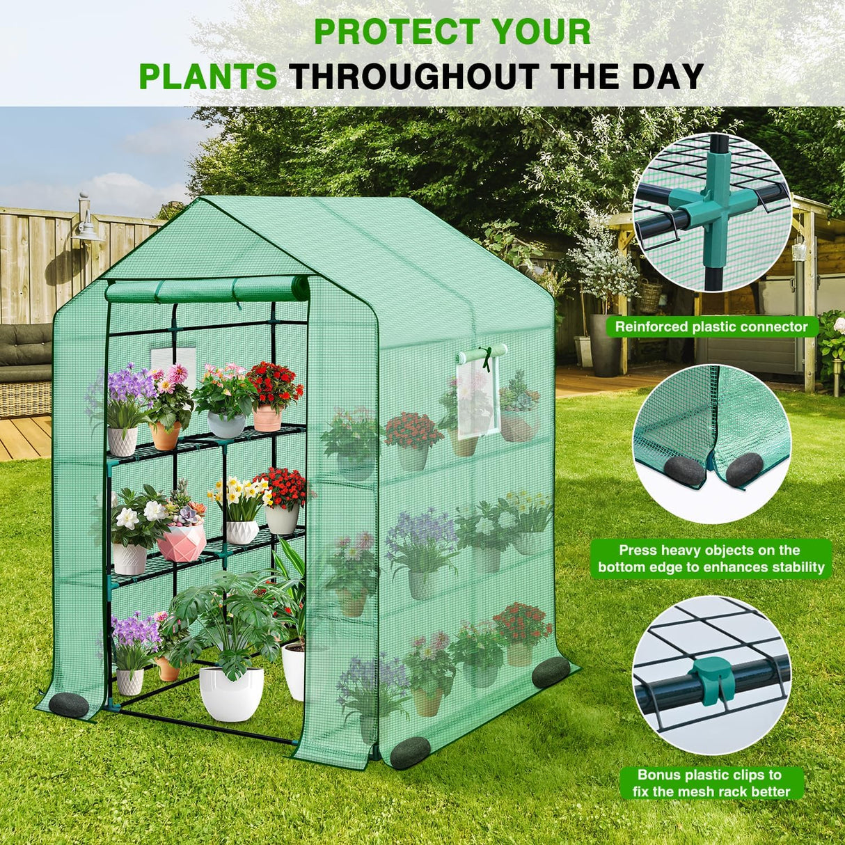 Greenhouse 57.5 Inchx57 Inchx77 Inch Walk in Green House - Large Outdoor/Indoor Greenhouses with 8 Shelves Waterproof PE Cover & Windows, Portable Greenhouse Kit for Winter Backyard Gardening Patio, Green