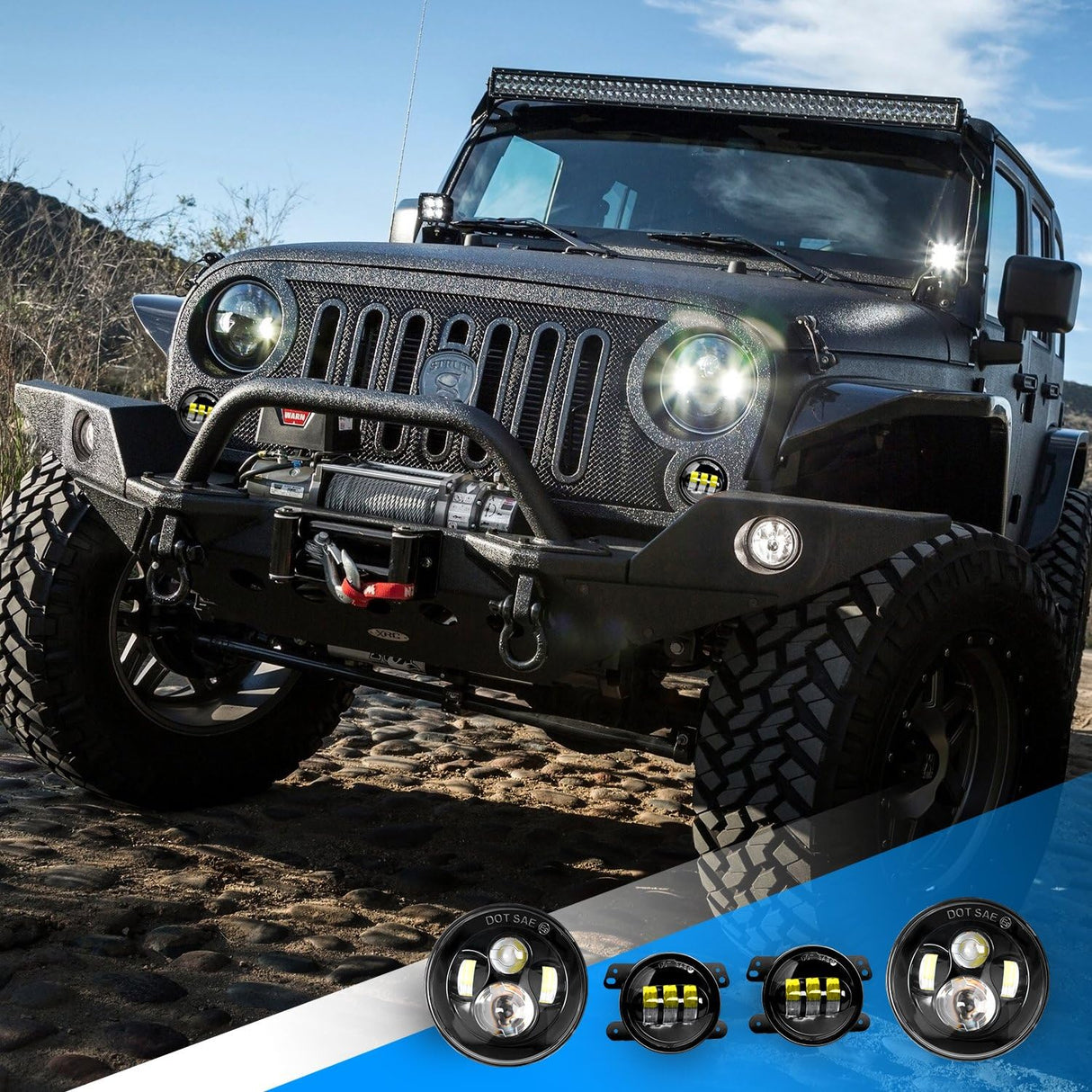2PCS 7 Inch LED Headlight Compatible with Jeep 2PCS 4 Inch LED Fog Light for Jeep Wrangler 97-17 JK LJ CJ