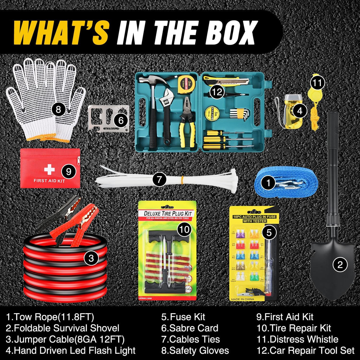 Car Emergency Kit with Jumper Cable Air Compressor Tire Repair Essential Tools First Aid Alligator Connector Electrical Kit for Travel Camping Outdoor Cars Truck SUV RV