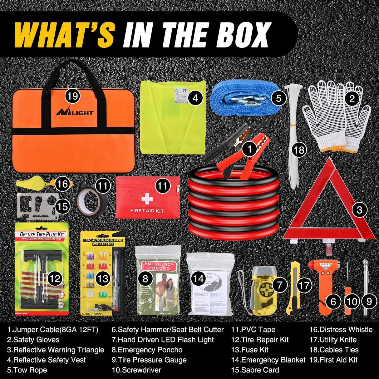 Car Emergency Kit with Jumper Cable Air Compressor Tire Repair Essential Tools First Aid Alligator Connector Electrical Kit for Travel Camping Outdoor Cars Truck SUV RV