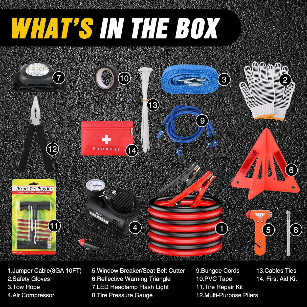 Car Emergency Kit with Jumper Cable Air Compressor Tire Repair Essential Tools First Aid Alligator Connector Electrical Kit for Travel Camping Outdoor Cars Truck SUV RV