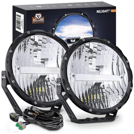 LED Work Light 9 Inch 120W 7000LM Round High Low Beam Built-in EMC LED Work Lights (Pair) | 14AWG DT Wire